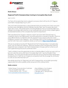 Media Release- Conception Bay South to Host Regional FireFit Championships